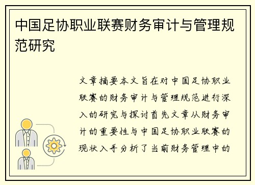 中国足协职业联赛财务审计与管理规范研究