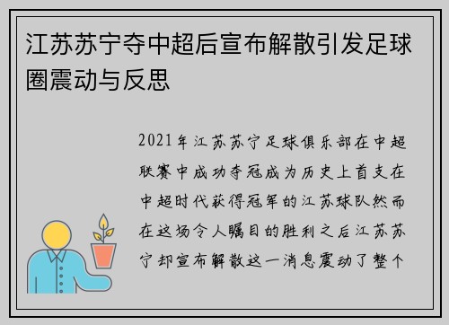 江苏苏宁夺中超后宣布解散引发足球圈震动与反思